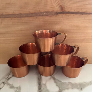 6 Vintage Hammered Copper Mugs w Rattan Bamboo Wrapped Handle Small Espresso MCM